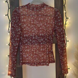 Black Tape_ Semi-Sheer Terracotta Coloured Top (Size Medium)